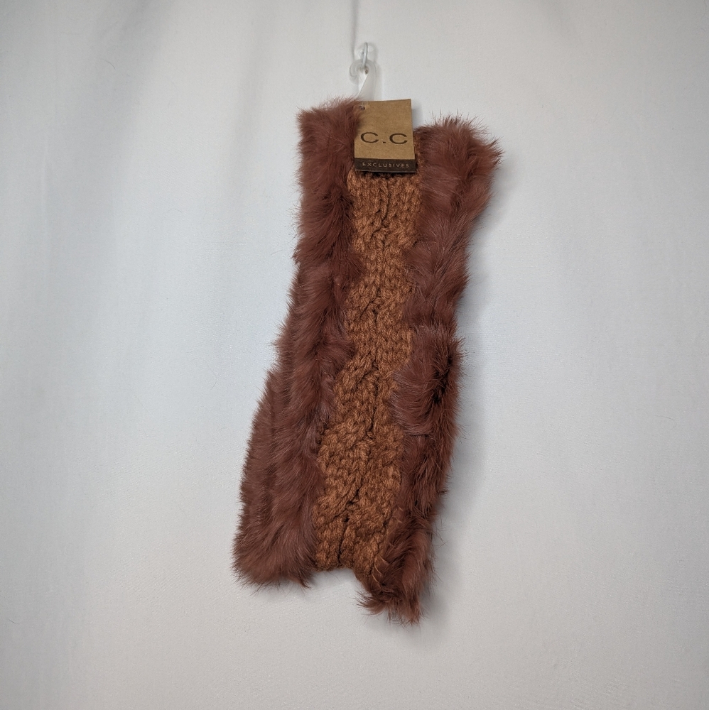 New C.C Cheveux Corp Womens Brown Faux Fur Lined Cable Knit Headband One Size